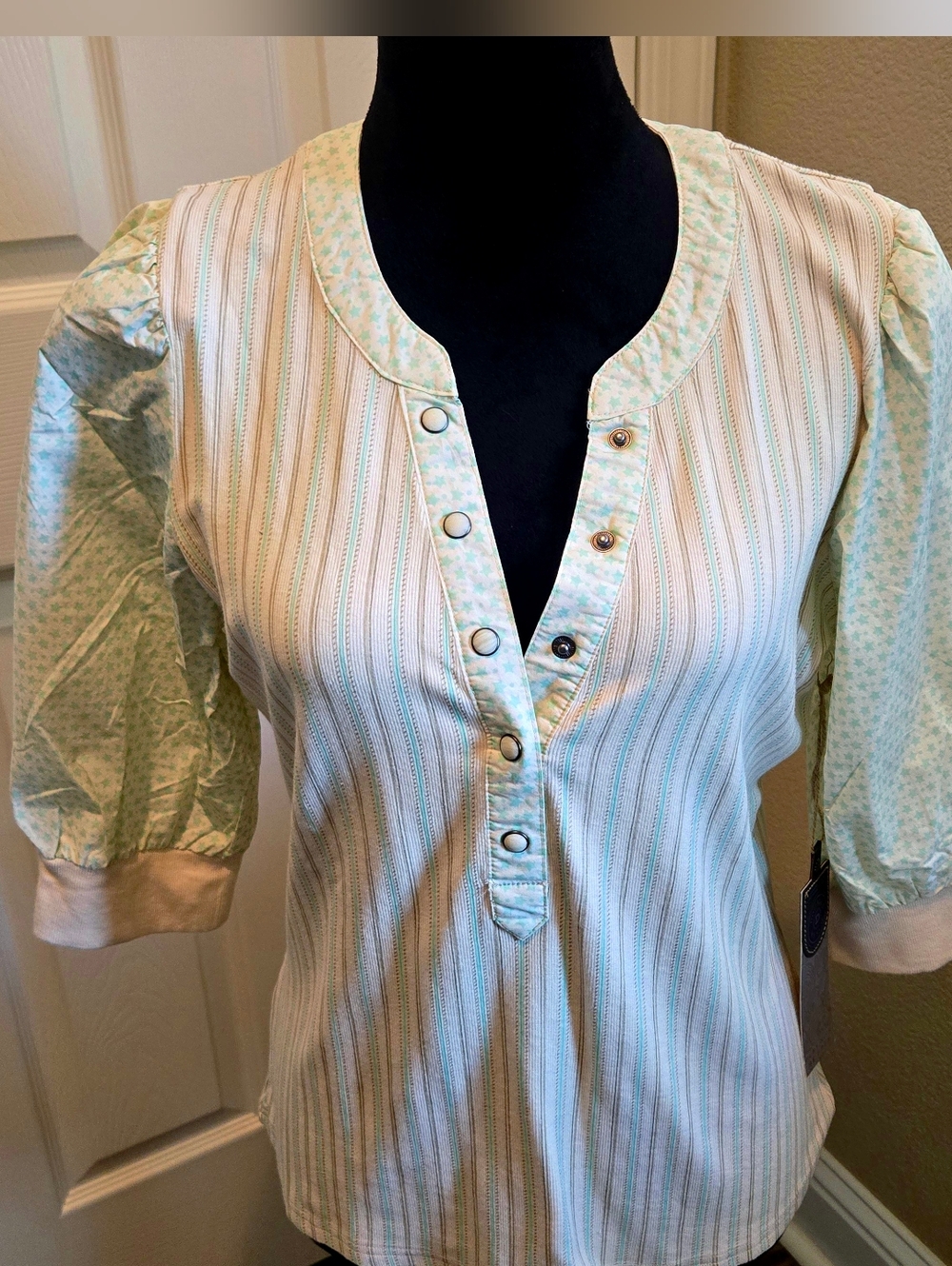Double D Ranch Cream & Mint Green Striped Popover Blouse with Puff Sleeves